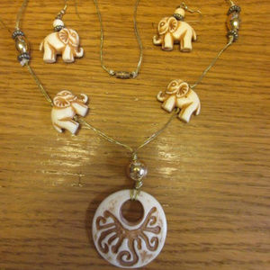 RESIN IVORY ELEPHANT NECKLACE EARRINGS HOOKS BEADS